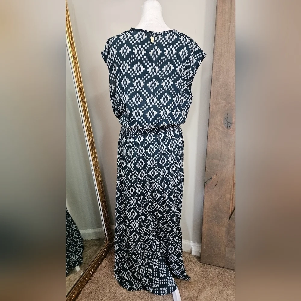RubyYaya Beaded Boho Maxi Dress Blue White Geometric Print Size M - Picture 13 of 16